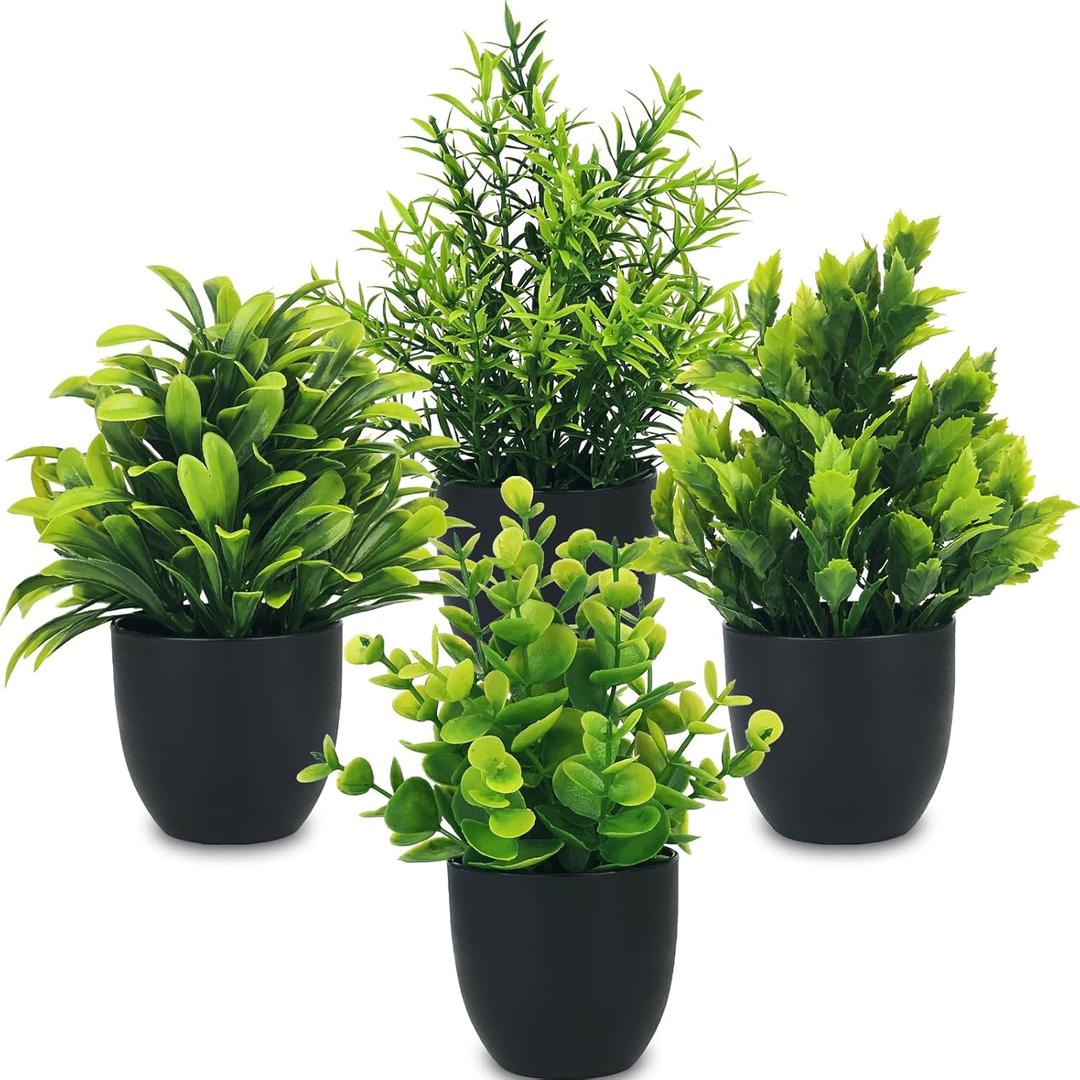 4 Packs Fake Plants Small Potted Plants, 7" Mini Artificial Faux Plants, Eucaplytus Rosemary Plants for Home Office Desk Room Decor