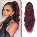 FESHFEN Ponytail Extensions, Drawstring Ponytails Hair Extension Black Ombre Red Long Curly Wavy Hair Piece Synthetic Pony Tail Hairpieces for Women, 18 inch (18 Inch, Black Ombre Red)
