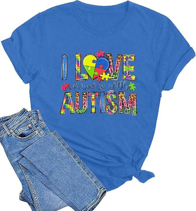 Autism Awareness Shirt Women Autism Shirts Autism Support Tops in April Blue Autism Mom Clothes Special Education Tees, XL