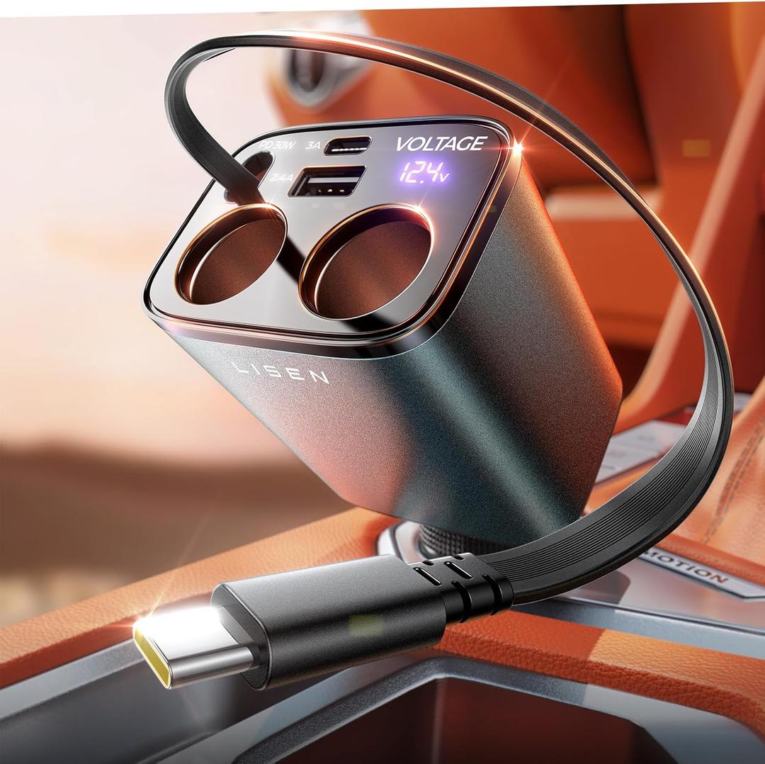 LISEN Car Cigarette Lighter Splitter, Metal 90W Dual Cigarette Lighter Adapter Metal with PD30W Retractable Car Charger, LED Voltage12V/24V Car Charger Splitter for iPhone 16, GPS, DashCam