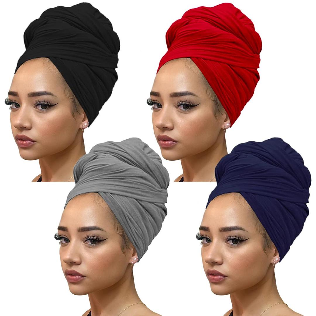 Kachanaa 4 Pieces Stretch Turbans Knit Head Wrap Urban for Black Women Solid Color Ultra Soft Breathable Head Bands for Muslim (4-black,navy,dark Grey,wine Red)