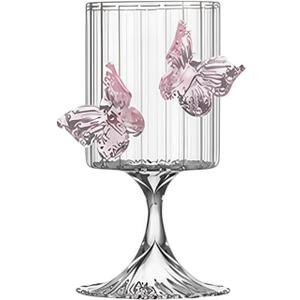Pink Butterfly Wine Glasses with 3D Butterflies Coquette Champagne Glasses Butterfly Wine Cocktails Glassware for Weddings Engagements Party Gifts (Striped glass)