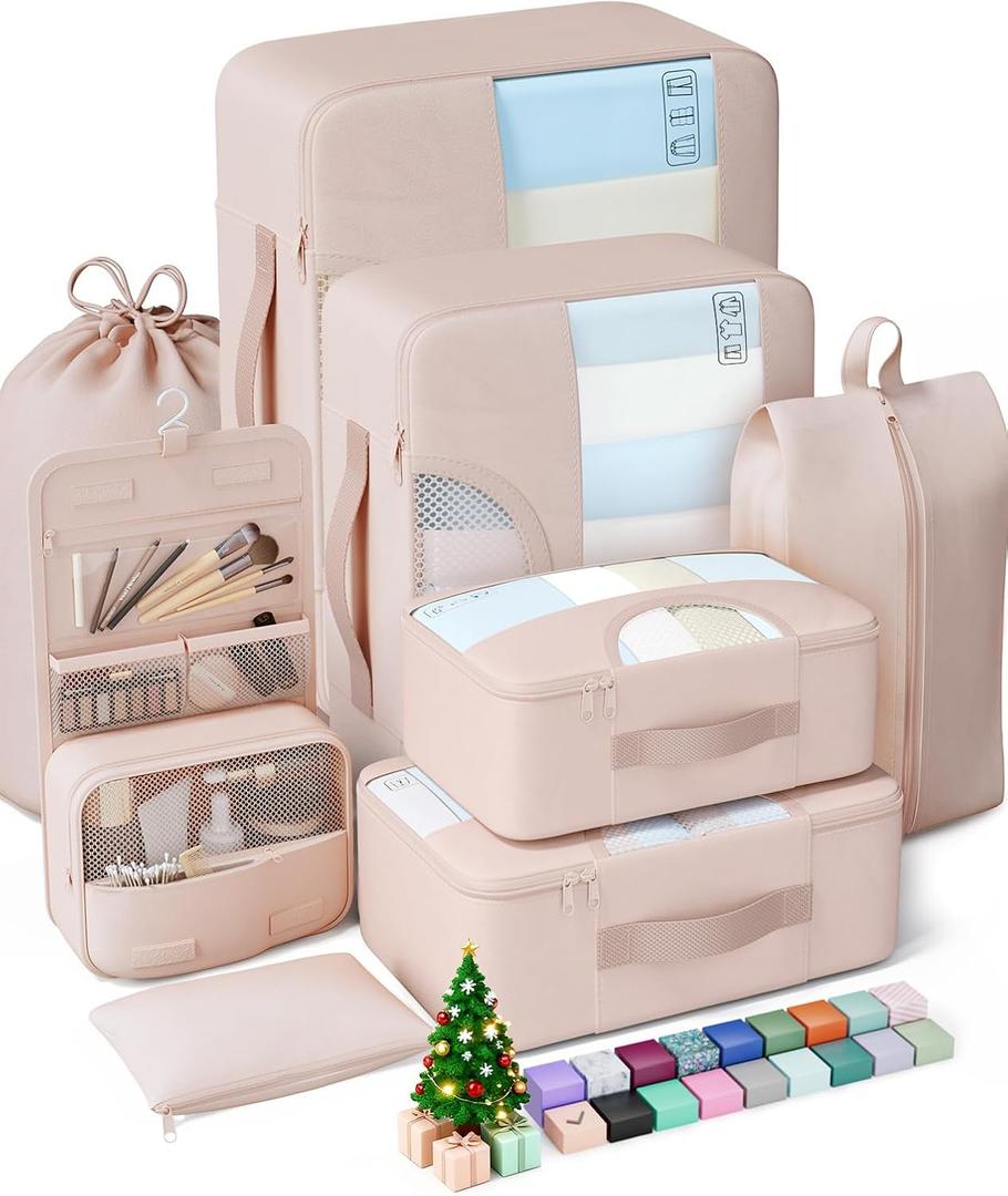 Veken 8 Set Packing Cubes for Travel, Birthday Gifts for Women Mom Her, Cruise Ship Essentials Accessories for Beach Vacation, Suitcase Organizer Bags for Luggage with Hanging Toiletry & Shoe Bag (Dutch Cream)