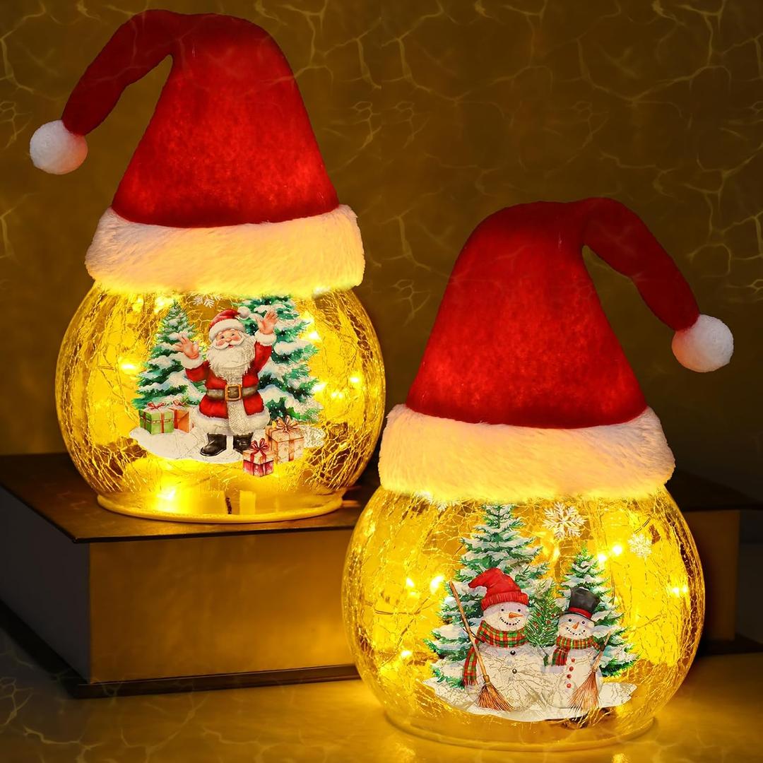 Yinhua Christmas Decorations Indoor, 2 PCS 4" Light Up Christmas Tree Crackle Glass Balls, Lighted Deer Santa Snowman Globe Light with Timer, Xmas Centerpieces for Tables Mantel Fireplace Gift