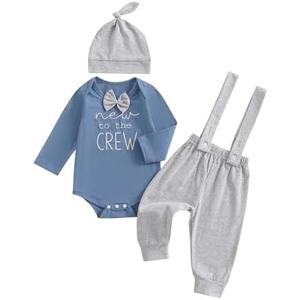 mlpeerw Newborn Baby Boy Clothes New To The Crew Outfits Long Sleeve Romper And Pants Hat Baby Coming Home Outfit 0-3M