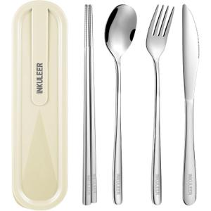 Travel cutlery set, 18/8 stainless steel cutlery, Reusable utensils set with case, Portable Silverware Lunch Box for Camping and Office-Stainless steel