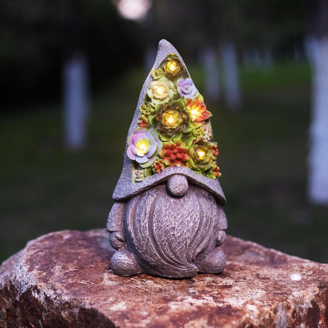 Solar Garden Statues Gnomes Figurine with Succulent and LED Lights - Garden Gnome Statues Decorations for Yard, Outside, Patio, Balcony - Gardening Housewarming Birthday Gifts