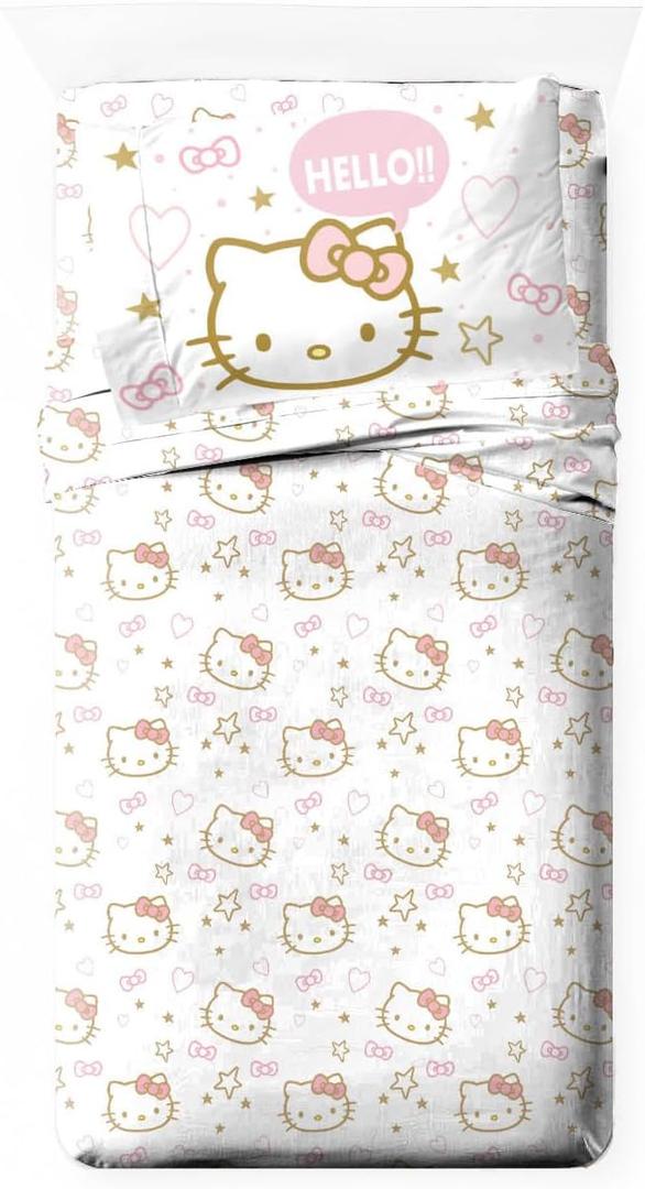 Jay Franco Sheet Set with Fitted, Flat Sheets & Pillow Cover - Ultra-Soft Bedding with Pillowcase for Room Decor, Pink - Hello Kitty, 3 Piece Twin
