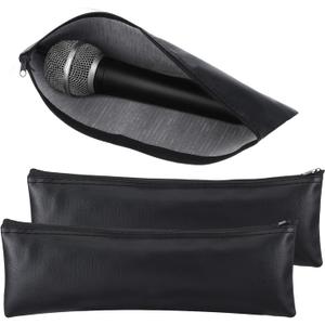 2 Pack Microphone Bags, Black Microphone Case for Wireless Mic Protector Mic Storage Bag Black Zipper Storage Pouch 11.8" x 4.72" Case for Carrying Portable PU Leather Pouches