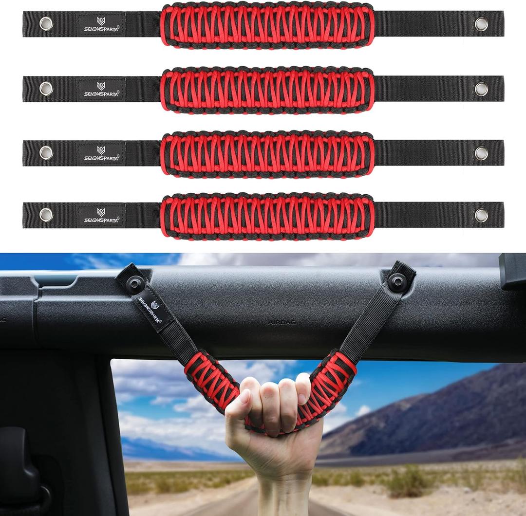 SEVEN SPARTA 4 Pack Roll Bar Grab Handles Compatible with Ford Bronco 2021-2025 2/4 Door, Paracord Grip Handle, Replacement for Bronco Interior Accessories (Not Compatible with Bronco Sport) (Red)