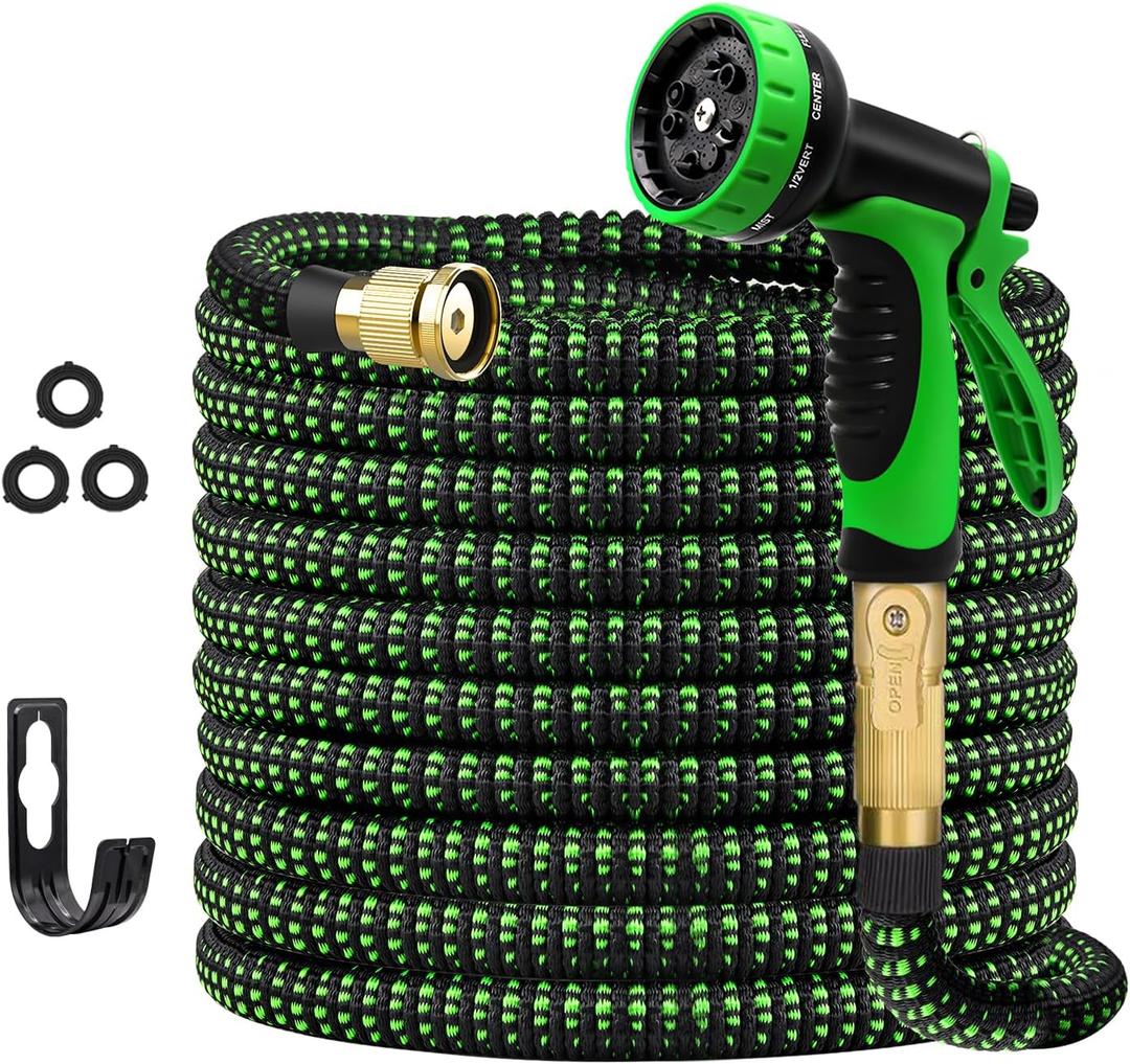 100 FT Expandable Garden Hose Water Hose with 10-Function High-Pressure Spray Nozzle, Heavy Duty Flexible Hose, 3/4" Solid Brass Fitting