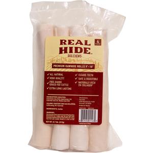 Real Hide All Natural Dog Chew Treats - Premium Rawhide Rolls, 9-10 Inch - Long Lasting Grass Fed Free Range Beef Hide for Medium/Large Dogs - 4 Count