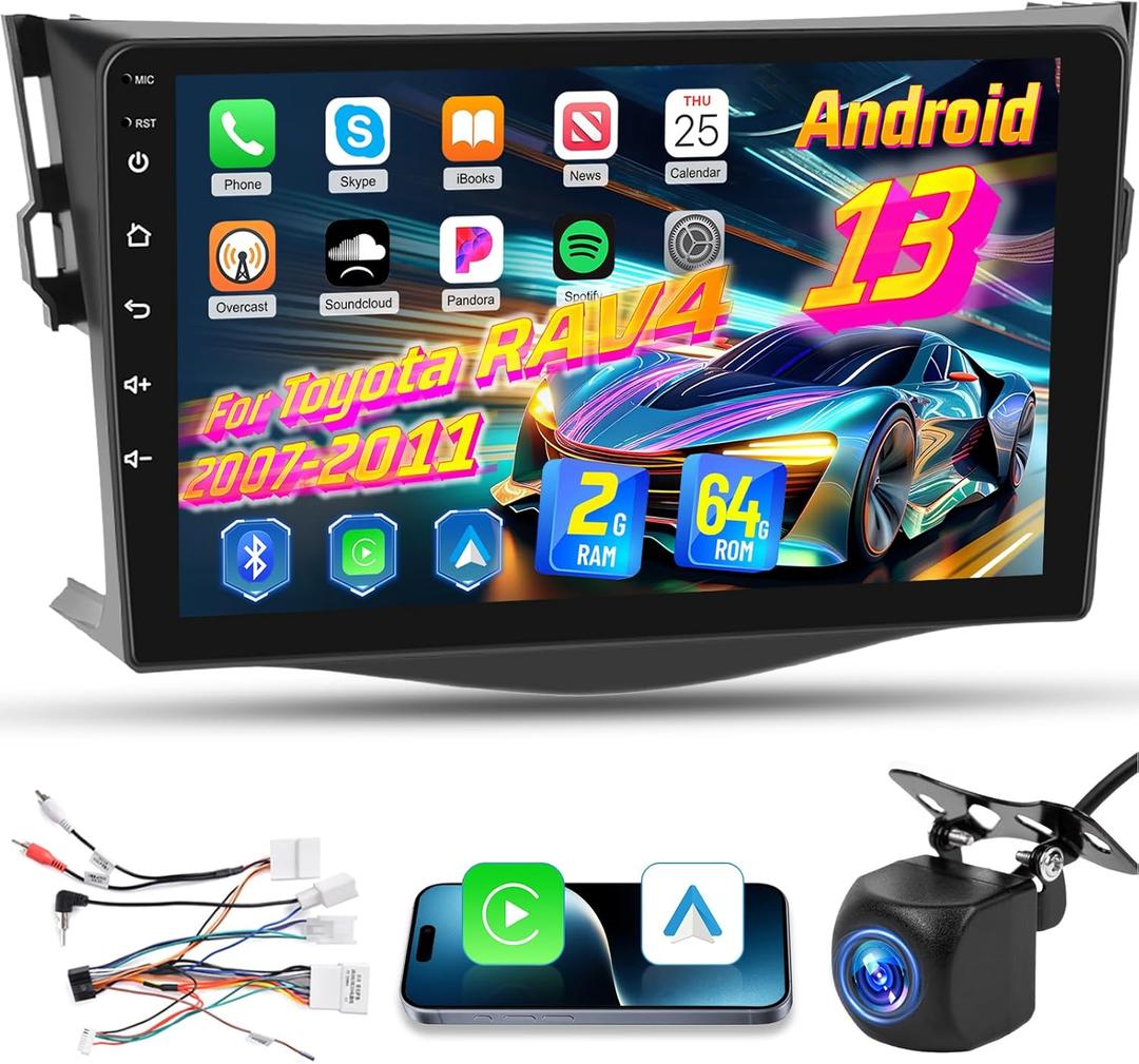 2+64G Car Stereo for Toyota RAV4 2007-2011 - Wireless Carplay & Android Auto - 9 Inch IPS Android Touchscreen Radio with WiFi, GPS Navigation, Equalizer, SWC, Mirror Link + AHD Backup Camera