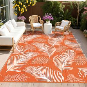 Pauwer Waterproof Outdoor Rug 9x12, Reversible Plastic Straw Patio Camping Rug, Indoor Outdoor RV Mat Carpet for Deck, Camper, Porch, Balcony, Backyard, Picnic, Leaf Orange