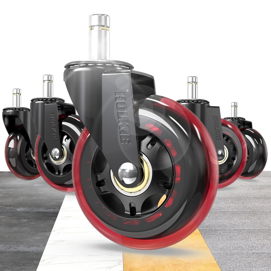 HOLKIE Office Chair Wheels Red Compatible with 1KEA 10x22mm ONLY 3 Inch Roller Blade Casters, Computer Gaming Replacement Rubber Set of 5 for Hardwood Floors Desk Chair Wheels (10mm-Fits 1KEA-Not for High-Pile Carpet)