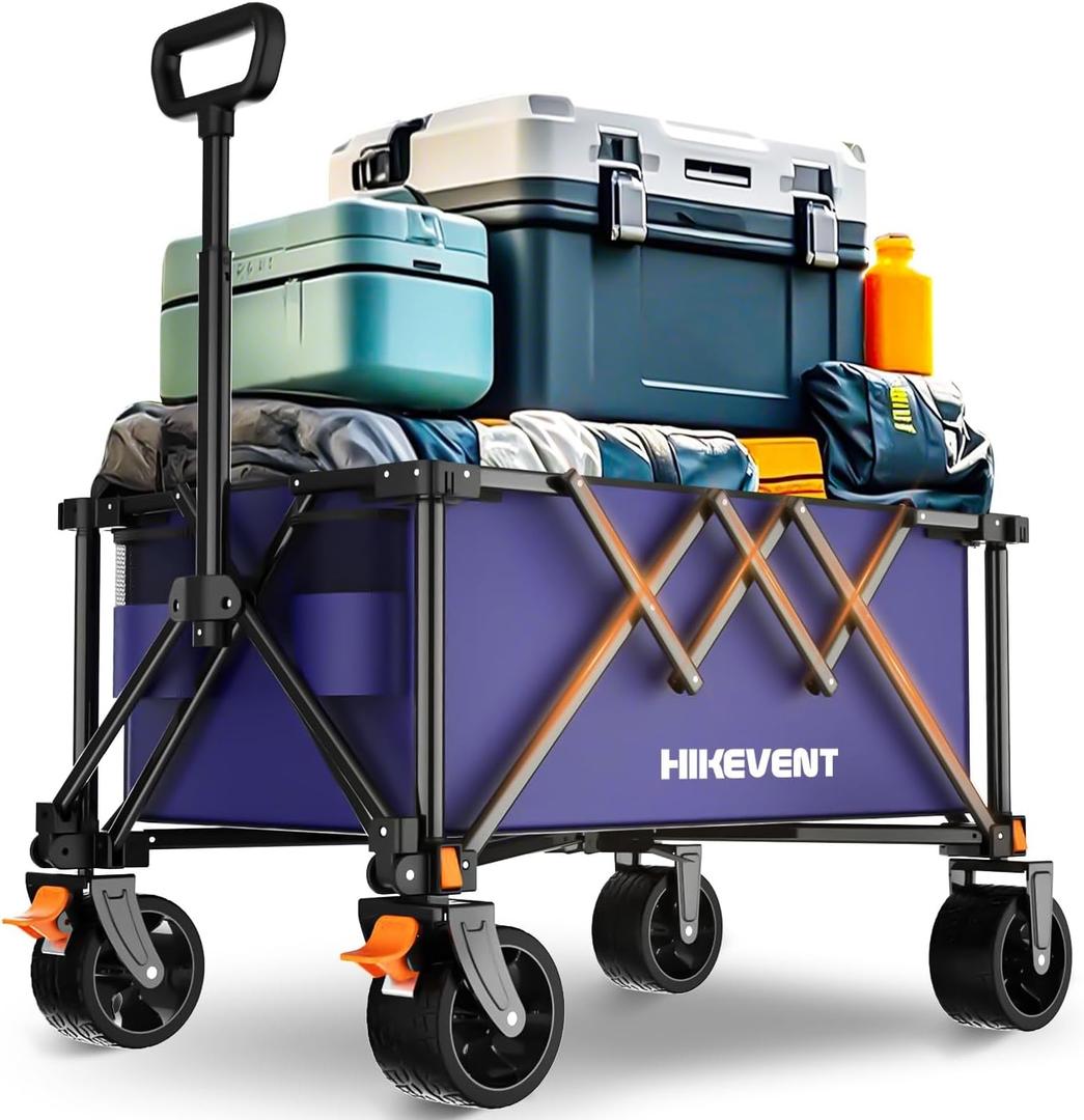 Collapsible Wagon Cart, 360LBS Heavy Duty Foldable Beach Wagon with Wider Wheels, Utility Grocery Shopping Cart for Garden, Camping, Sports, Blue (140L)