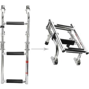 NovelBee Foldable Stainless Steel 3 Steps Ladder Stern Mount w Rubber Grips for Marine Boat Yacht (3 Steps:2+1 Steps)