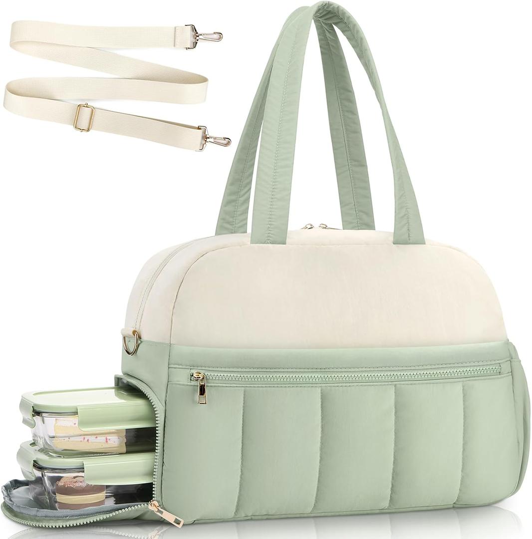 PASMAN Lunch Tote Bag for Women,15.6 Inch Laptop Bag with Insulated Lunch Compartment,large Puffer Work Tote for Teacher, NurseGreen (21L)