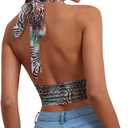Rooscier Women's Halter Tie Back Crop Top | Deep V Neck Sleeveless Backless Cami (Brown, XL)