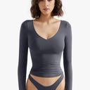 SUUKSESS Women Double Lined Casual V Neck Crop Tank Tops Basic Long Sleeve Shirts L