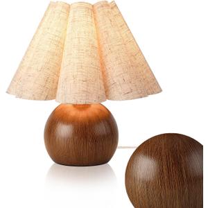 Farmhouse Cute Table Lamp for Bedroom & Living Room - Wood Grain, Vintage Style with Scalloped Shade