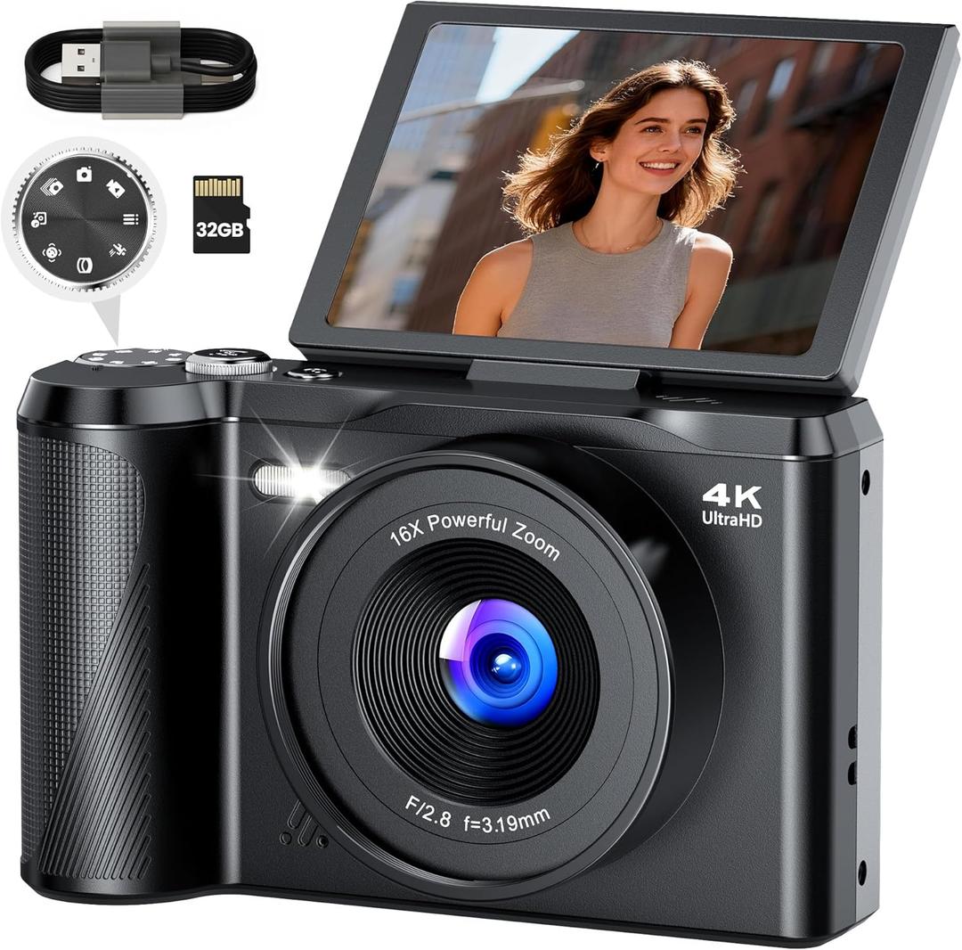 Digital Camera 4K for Photography Vlogging: 56MP Cameras with Mode Dial for Video - 16X Zoom Photo Camera Gifts for Teens Ages 8-16 - 180Flip Screen Compact Cmara - Point and Shoot Digital Cameras