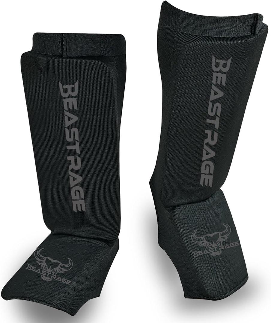 BEAST RAGE Shin Guards for Muay Thai, Kickboxing, MMA Leg Guards Martial Arts Taekwondo, Boxing, Elasticated Sock Padded Leg Instep Pads, Shin Pads,Sparring Training, Karate BJJ (Small, BLACK)