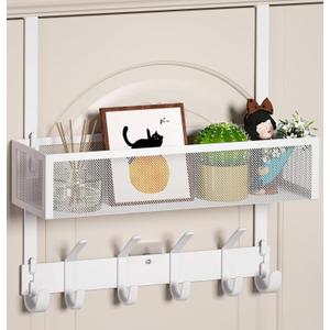 Over The Door Hooks Organizer, Over The Door Towel Rack with Mesh Basket, 10 Coat Hooks and 2 Wreath Hangers, Bathroom Door Organizer Back of Door Hanger for Bedroom, Kitchen(White)