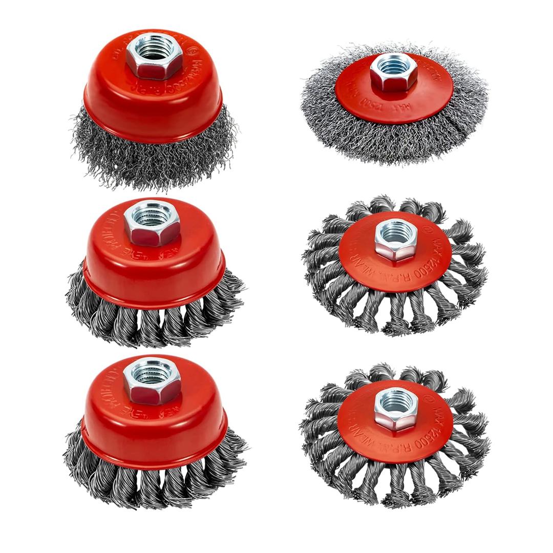 4 1/2" Angle Grinder Wire Wheel Set - 4 Inch & 3 Inch Knotted Coarse Crimped Wheels, Cup Brush with 5/8-11UNC Threaded Arbor