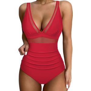 SUUKSESS Women Sexy Mesh Tummy Control Swimsuit Push Up High Waisted Bathing Suit (Red, L)
