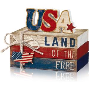 4 Pcs 4th of July Decorations Patriotic Tiered Tray Decorations Signs Rustic Memorial Day Decor Book Block Sign for 250th Anniversary Farmhouse Table Home Tabletop Shelf(Map)