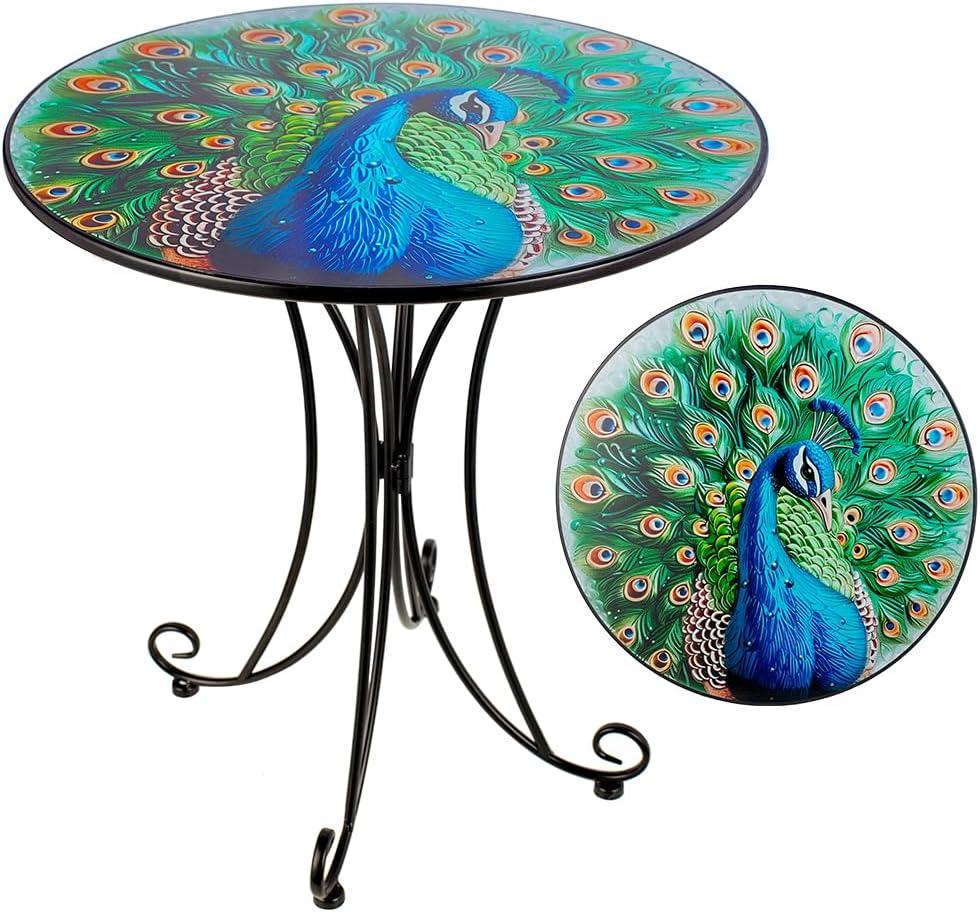 Outdoor Side Table,18 Inch Metal Accent Table, Peacock Round End Tables, Small Coffee Tables for Indoor & Outside Garden Patio Balcony Yard Bedroom (Green Peacock - Improved)