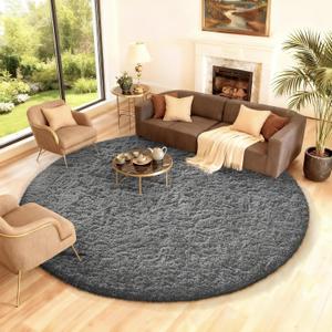 Ophanie Round Rug 7Ft Grey Circle Area Rugs, Large Fluffy Fuzzy Living Room Carpet 7 foot, Plush Shag Solid indoor Floor Gray Bedroom Christmas Circular Aesthetic Decor for Kids Teen Boys Baby,Nursery