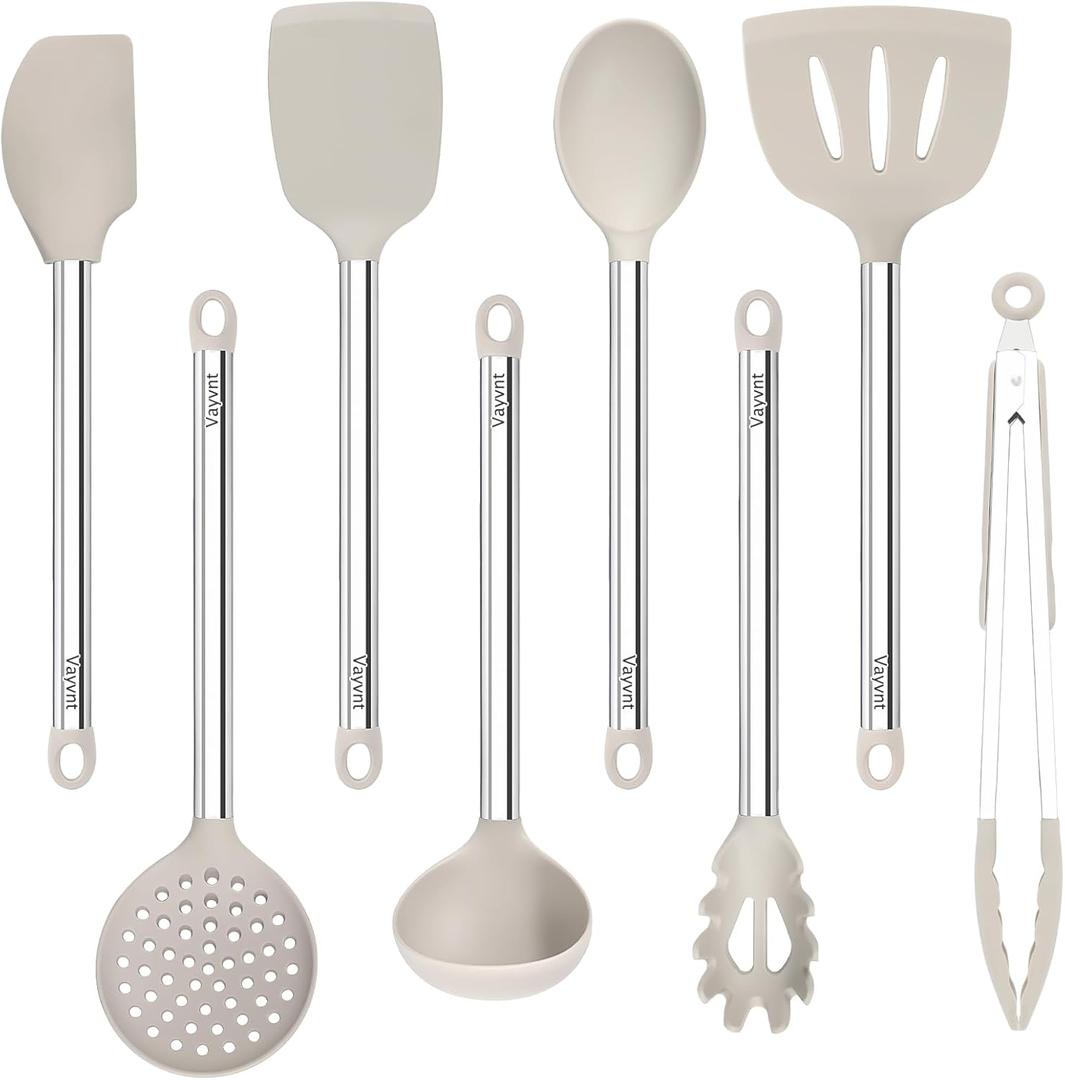 8 Pieces Kitchen Utensils Set, Vayvnt Silicone Cooking Utensils Set for Non-Stick Cookware, Stainless Steel Handle, Heat Resistant Kitchen Gadgets Includes Large Spatula Tongs, Dishwasher Safe, Khaki