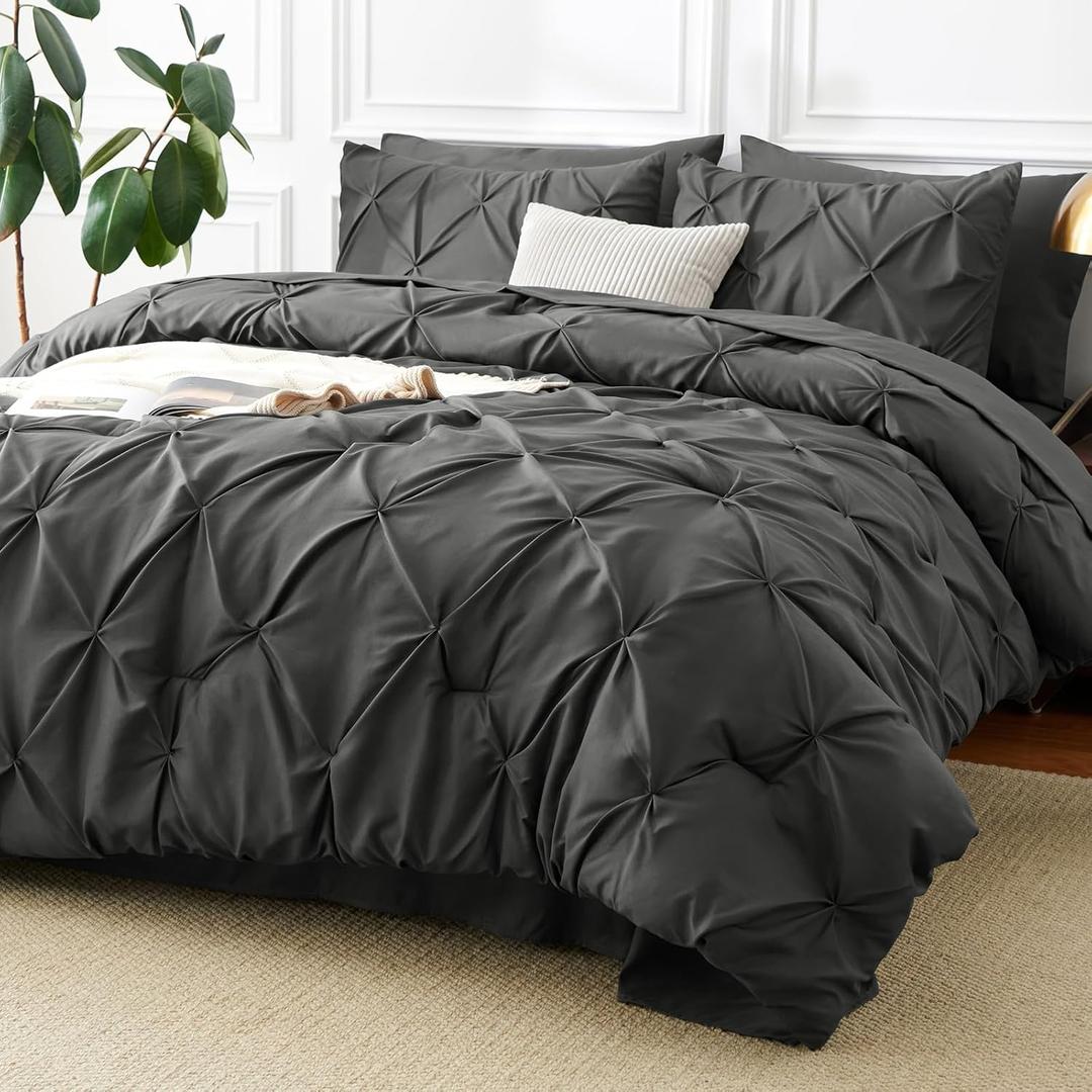CozyLux Full Size Comforter Sets Dark Grey, 7 Pieces Bed in A Bag Dark Gray Comforter Full Size, Pinch Pleat Bedding Sets with All Season Comforter, Sheets, Pillowcases & Shams