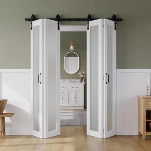 60" x 84" Bifold Sliding Barn Door, 1 Lites Tempered Frosted Glass Panel with Sliding Hardware Kit Set, Pre-drilled Closet Door Slab, 5.66FT Track for 4 Doors, MDF, White
