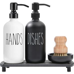 MOMEEMO Soap Dispenser for Kitchen Sink Comes with Stainless Pumps, Instant Dry Tray, and Dish Scrub Brush, Suitable for Black and White Kitchen Decor. (Black & White)