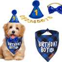 ADOGGYGO Dog Birthday Party Supplies, Multi Size Offered, Blue Birthday Boy Dog Bandana, Pet Party Hat with Numbers Bow for Small Puppies (Small)