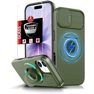 FRLMOOES for iPhone 17 Case Magnetic Compatible with MagSafe Wireless Charging,with 2 Screen Protectors,Built-in Kickstand Ring,with Camera Cover Shock-Absorbent Shockproof Heavy Duty Protection Green