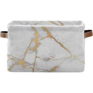 White Gold Marble Storage Basket Bin Large Fabric Toys Storage Cube Box with Handles Collapsible Closet Shelf Cloth Organizer Basket for Nursery Bedroom