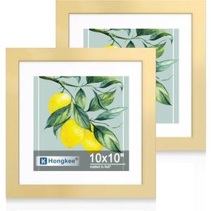Hongkee 10x10 Picture Frame Set of 2, Made of Real Glass and Gold Wooden Frame - Display Square 8x8 with Mat or 10x10 Without Mat, 10 by 10 Photo for Wall or Tabletop