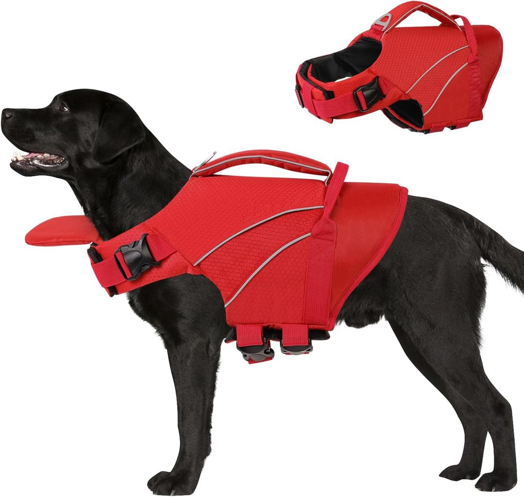 Queenmore Large Dog Life Jackets, Reflective Dog Swimming Vest with Enhanced Buoyancy, High Visibility Pet Life Preserver with Front Neck Float, Pet Life Vest for Boating (Red,2XL)
