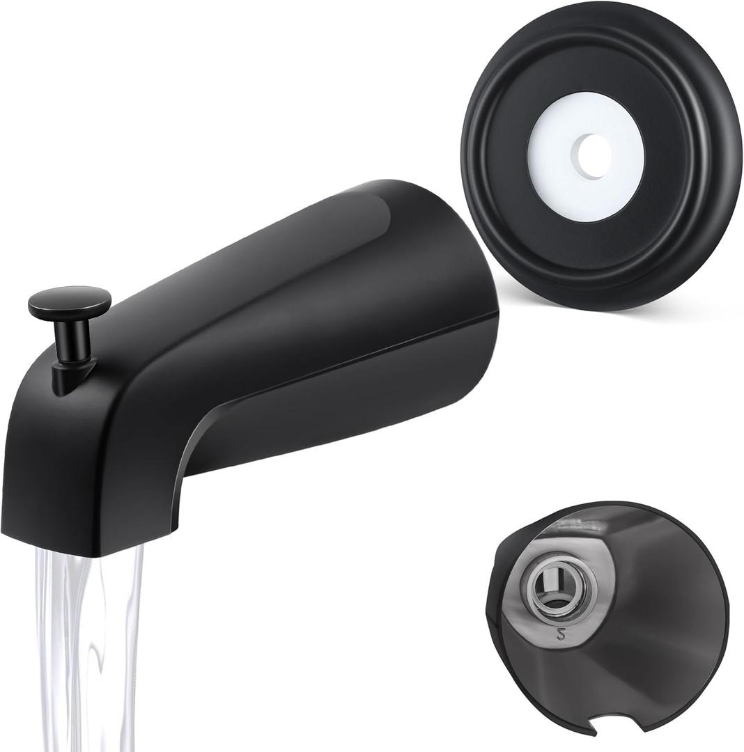 Universal Bathroom Tub Spout with Metal Tub Spout Cover Ring, 5 1/ 4 Inches Reach Wall Front Mount Tub Spout with Shower Diverter 1/ 2'' IPS Inside Thread Bathtub Faucet Spout (Matte Black)
