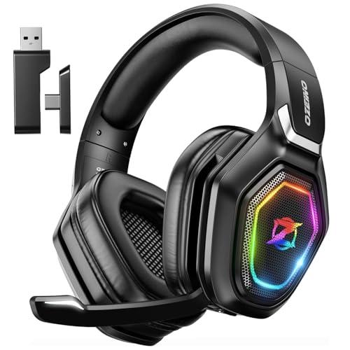 Ozeino Wireless Gaming Headset with Flip Microphone, RGB Lighting Gaming Headphones for PS5, PS4, PC - 2.4GHz USB & Type C Transmitter