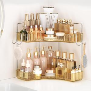 Golden Corner Counter Organizer, 2 - Tier Bathroom & Kitchen Storage Tray with Hooks | PET Vanity Organizer for Skincare, Makeup & Jewelry
