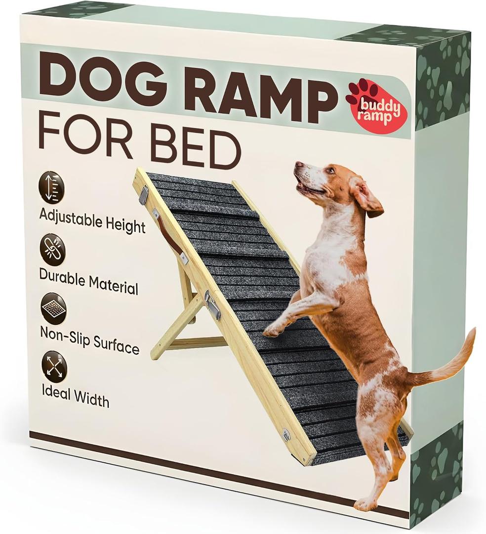 Dog Ramp for Bed BuddyRamp Wooden Adjustable Pet Ramp 32.7 x 15.7 x 19.7, Non-Slip Carpet Surface, Foldable & Portable, Ideal for Large, Medium and Small Dogs