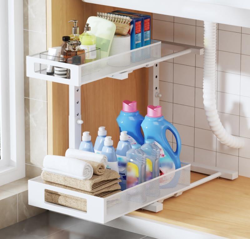 1 Pack 11.6"-16.7" H Under Sink Organizers And Storage Height Adjustable,2-Tier Pull Out Under Cabinet Shelf Organizer,Multi-Use Slide Out Drawer For Bathroom Kitchen Laundry-White