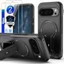 for Google Pixel 10&10 Pro Casefor Pixel 9&9 Pro Case[Compatible with MagSafe][with 2*Fingerprint Unlock Glass Screen Protector],Built in Invisible Stand,Shockproof Protective Phone Cover(Black)