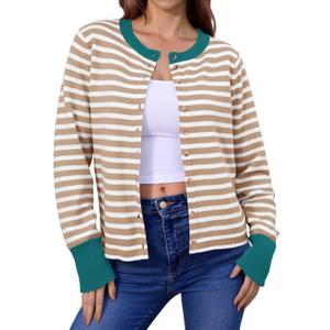 Saodimallsu Womens Striped Cardigan Sweaters Button Down Lightweight Color Block Crewneck Long Sleeve Knit Fall Cardigan, M, 8-10