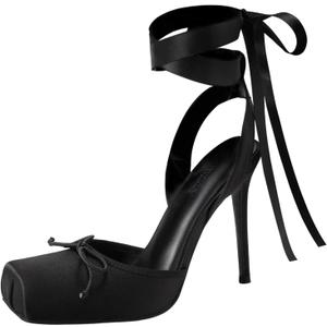 Vertundy Women's Satin Ballet Heels Lace Up Square Toe Stiletto High Bow Ballerina Heels (11)